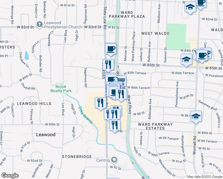 map of restaurants, bars, coffee shops, grocery stores, and more near 8509 State Line Road in Kansas City