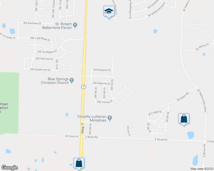 map of restaurants, bars, coffee shops, grocery stores, and more near 8002 Southwest 4th Street in Blue Springs