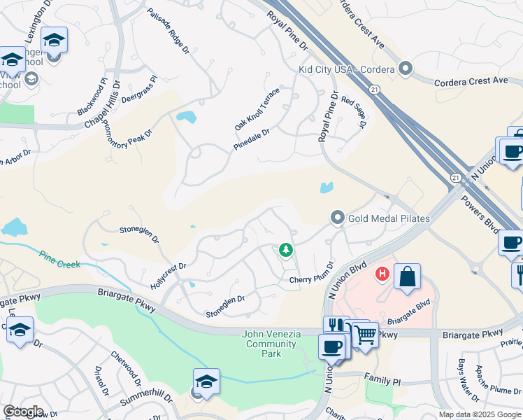 map of restaurants, bars, coffee shops, grocery stores, and more near 9692 Sycamore Glen Trail in Colorado Springs