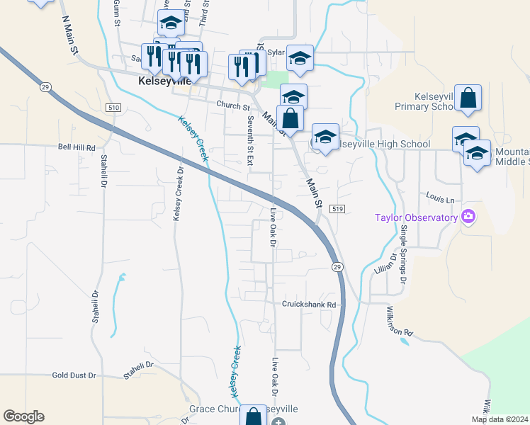 map of restaurants, bars, coffee shops, grocery stores, and more near 5701 Live Oak Drive in Kelseyville