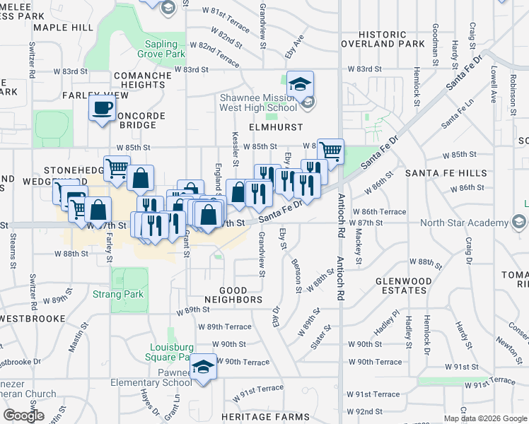 map of restaurants, bars, coffee shops, grocery stores, and more near 9100 Santa Fe Dr in Overland Park
