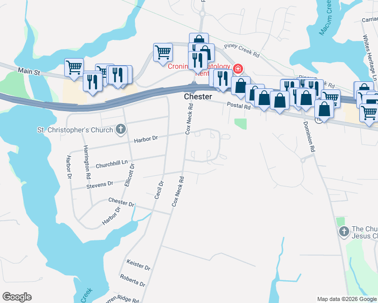 map of restaurants, bars, coffee shops, grocery stores, and more near 8013 Bridgepointe Drive in Chester