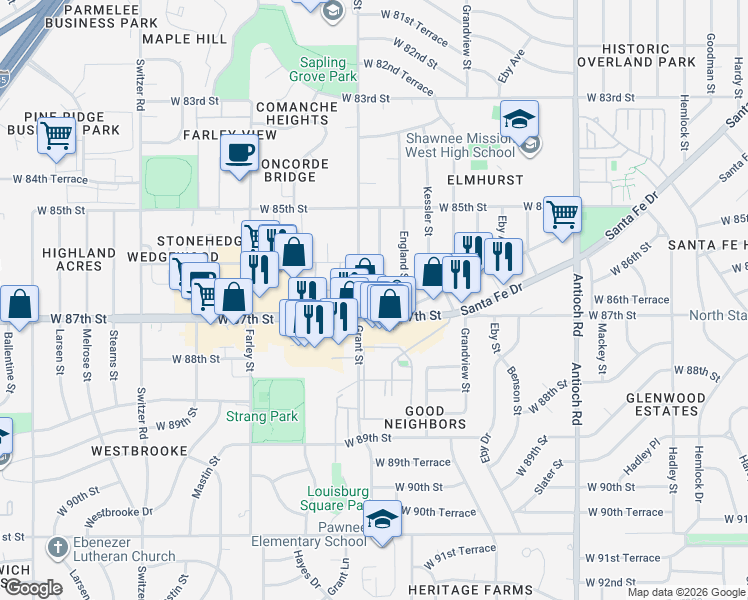 map of restaurants, bars, coffee shops, grocery stores, and more near 8632 Hayes Street in Overland Park