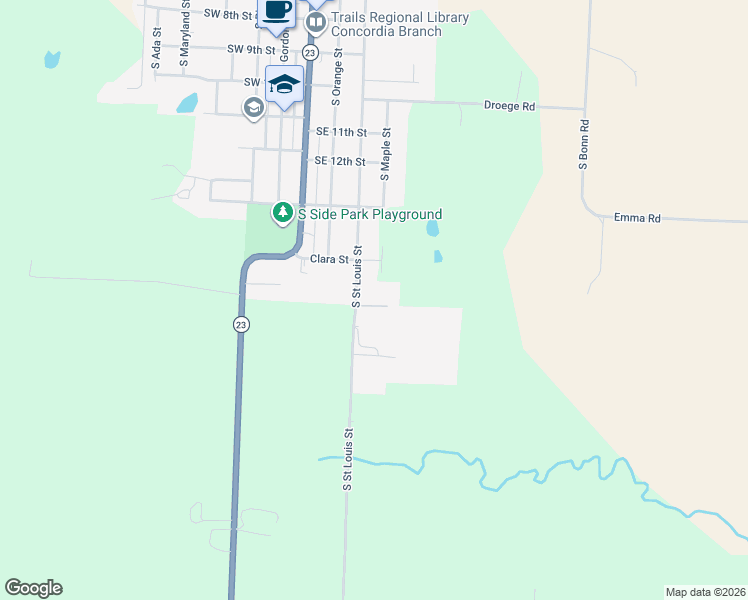 map of restaurants, bars, coffee shops, grocery stores, and more near 1505 South Saint Louis Street in Concordia