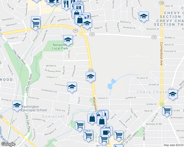 map of restaurants, bars, coffee shops, grocery stores, and more near 6141 Wisconsin Avenue in Chevy Chase