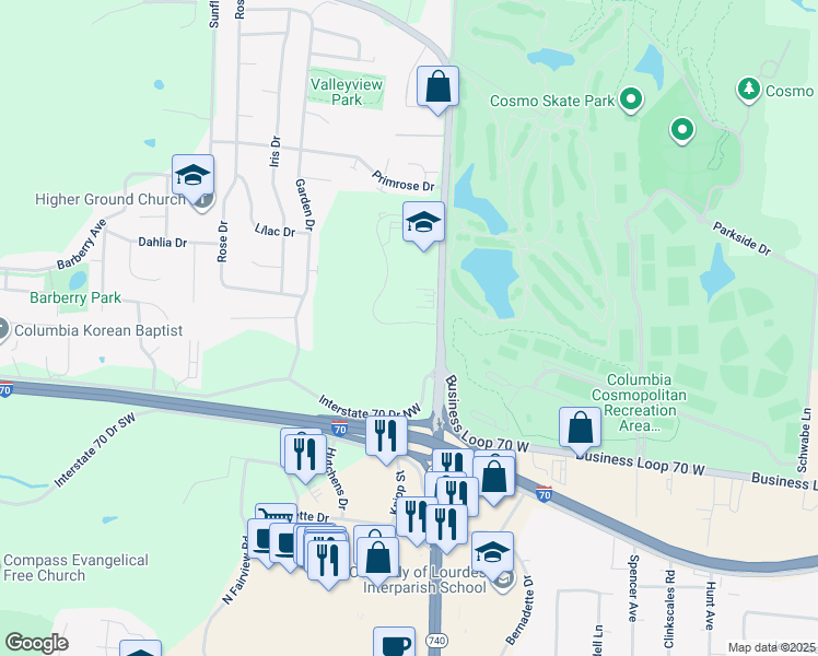 map of restaurants, bars, coffee shops, grocery stores, and more near 2200 Aaron Drive in Columbia