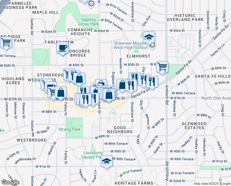 map of restaurants, bars, coffee shops, grocery stores, and more near 8635 England Street in Overland Park