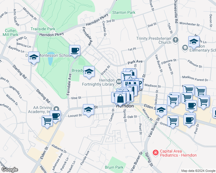map of restaurants, bars, coffee shops, grocery stores, and more near 111 Vinehaven Way in Herndon