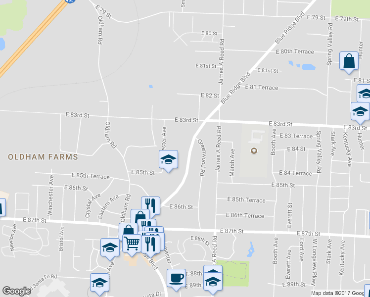 map of restaurants, bars, coffee shops, grocery stores, and more near 8404 Blue Ridge Boulevard in Raytown