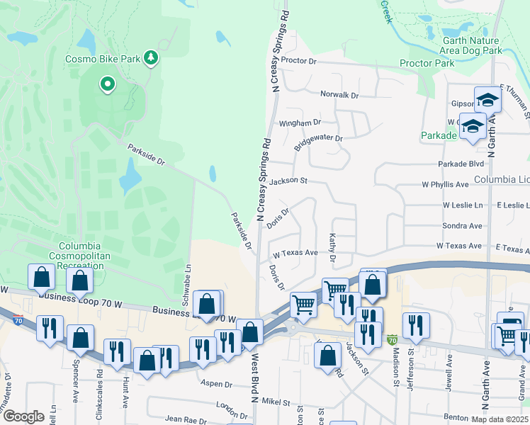 map of restaurants, bars, coffee shops, grocery stores, and more near 1808 North Creasy Springs Road in Columbia
