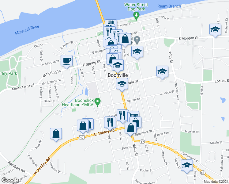 map of restaurants, bars, coffee shops, grocery stores, and more near 712 4th Street in Boonville