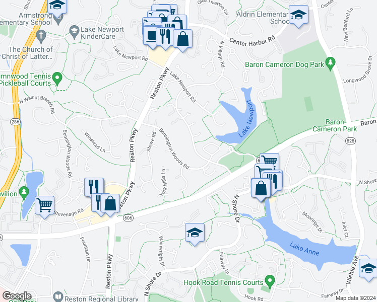 map of restaurants, bars, coffee shops, grocery stores, and more near 1602 North Village Road in Reston