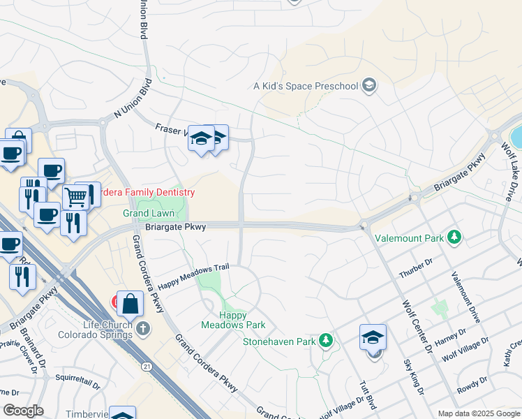 map of restaurants, bars, coffee shops, grocery stores, and more near Castlewood Canyon Court in Colorado Springs