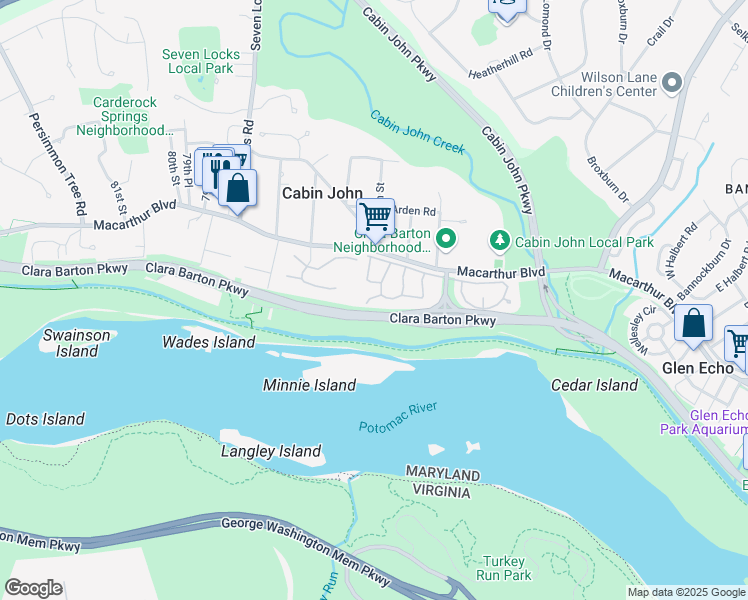 map of restaurants, bars, coffee shops, grocery stores, and more near 6 Thorne Road in Cabin John