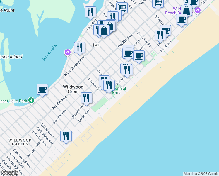 map of restaurants, bars, coffee shops, grocery stores, and more near 6805 Atlantic Avenue in Wildwood Crest