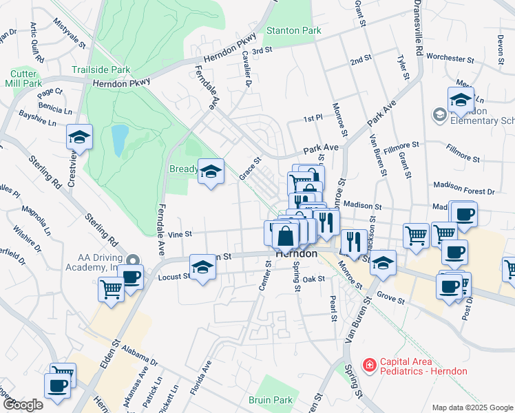 map of restaurants, bars, coffee shops, grocery stores, and more near 111 Vinehaven Way in Herndon