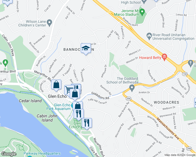 map of restaurants, bars, coffee shops, grocery stores, and more near 6703 Rannoch Road in Bethesda