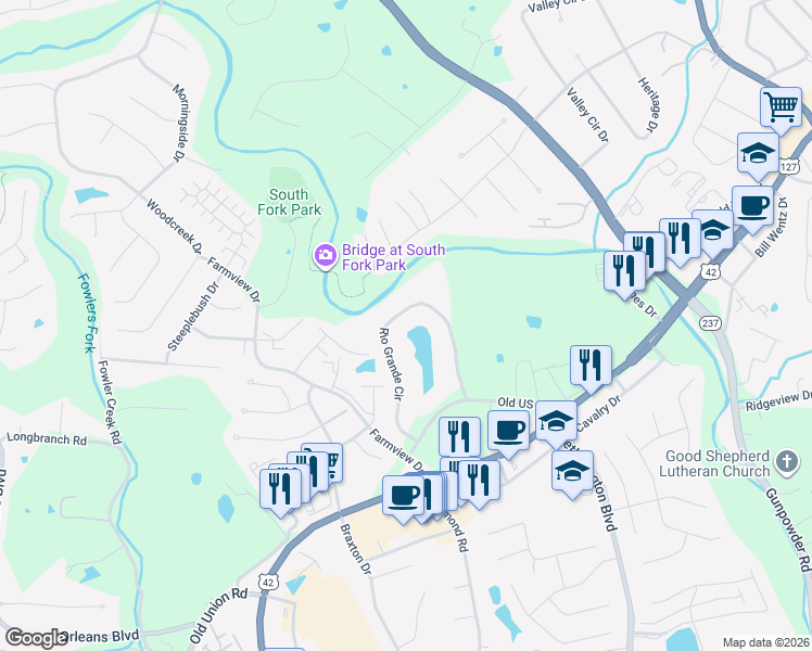 map of restaurants, bars, coffee shops, grocery stores, and more near 26 Rio Grande Circle in Florence