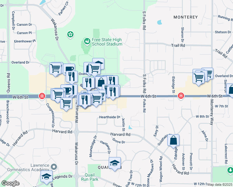 map of restaurants, bars, coffee shops, grocery stores, and more near 4541 Bauer Farm Drive in Lawrence