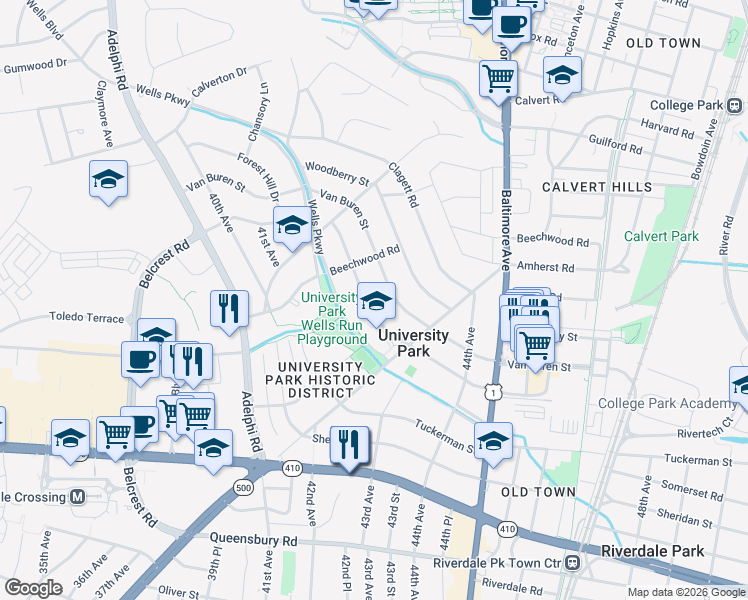 map of restaurants, bars, coffee shops, grocery stores, and more near 4312 Underwood Street in University Park