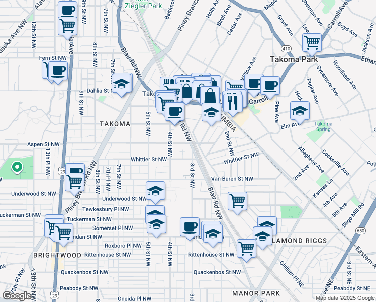map of restaurants, bars, coffee shops, grocery stores, and more near 6718 3rd Street Northwest in Washington