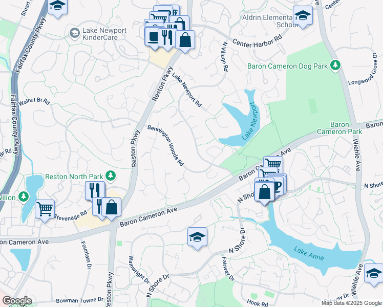 map of restaurants, bars, coffee shops, grocery stores, and more near 1602 North Village Road in Reston