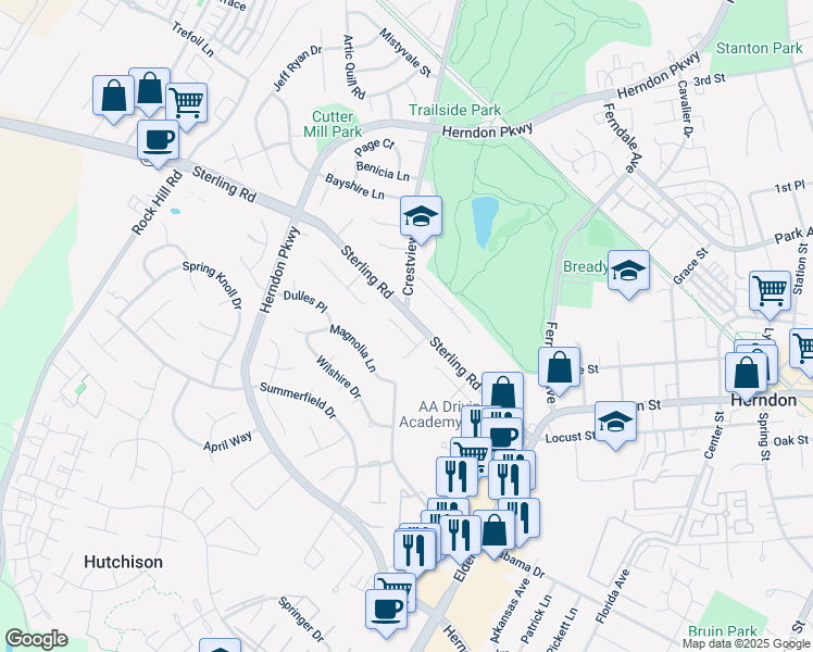 map of restaurants, bars, coffee shops, grocery stores, and more near 1205 Terrylynn Court in Herndon