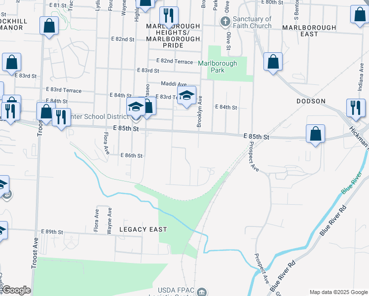 map of restaurants, bars, coffee shops, grocery stores, and more near Garfield Avenue in Kansas City