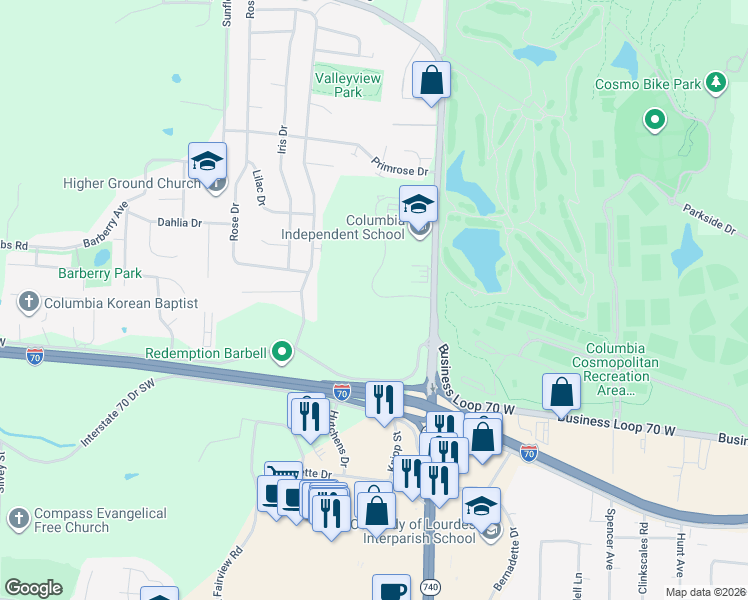 map of restaurants, bars, coffee shops, grocery stores, and more near 1541 Timber Creek Drive in Columbia