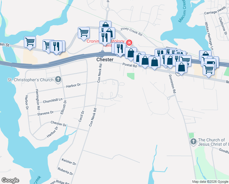 map of restaurants, bars, coffee shops, grocery stores, and more near 6005 Bridgepointe Drive in Chester