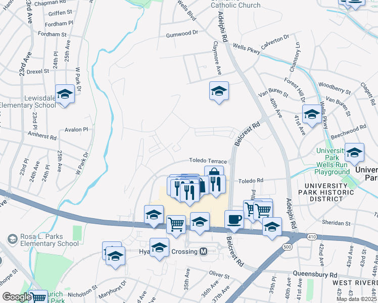 map of restaurants, bars, coffee shops, grocery stores, and more near 3450 Toledo Terrace in Hyattsville