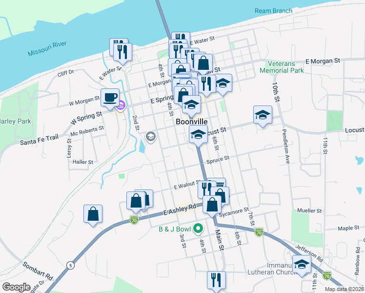 map of restaurants, bars, coffee shops, grocery stores, and more near 402 Center Street in Boonville