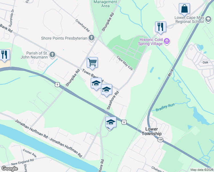 map of restaurants, bars, coffee shops, grocery stores, and more near 714 Town Bank Road in Cape May