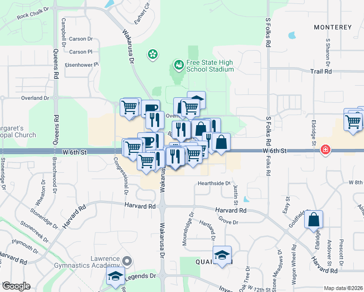 map of restaurants, bars, coffee shops, grocery stores, and more near 4801 Bauer Lane in Lawrence