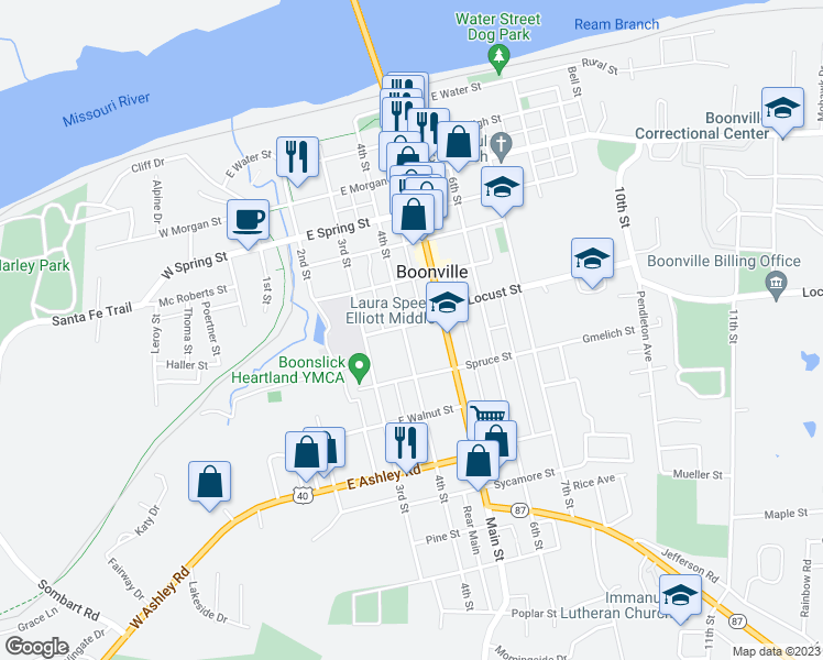 map of restaurants, bars, coffee shops, grocery stores, and more near 402A Center Street in Boonville