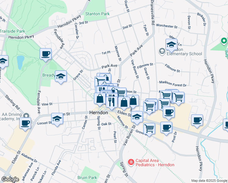 map of restaurants, bars, coffee shops, grocery stores, and more near 763 Monroe Street in Herndon