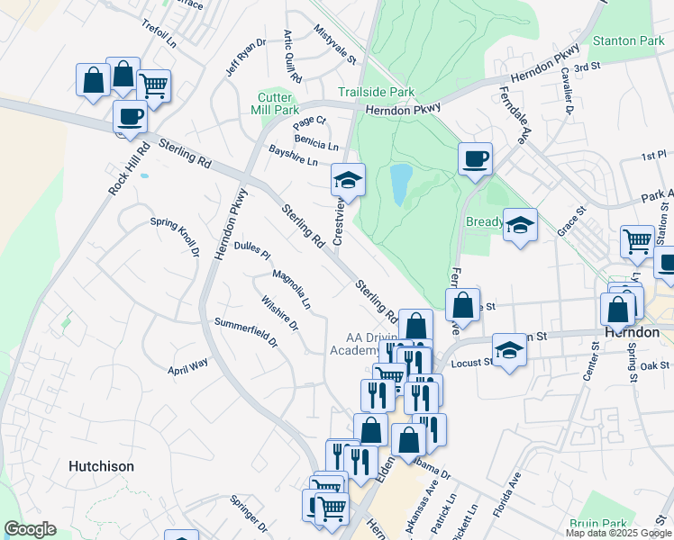 map of restaurants, bars, coffee shops, grocery stores, and more near 1205 Terrylynn Court in Herndon