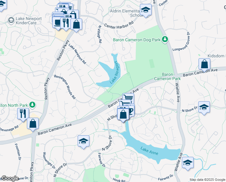 map of restaurants, bars, coffee shops, grocery stores, and more near 11450 Baron Cameron Avenue in Reston