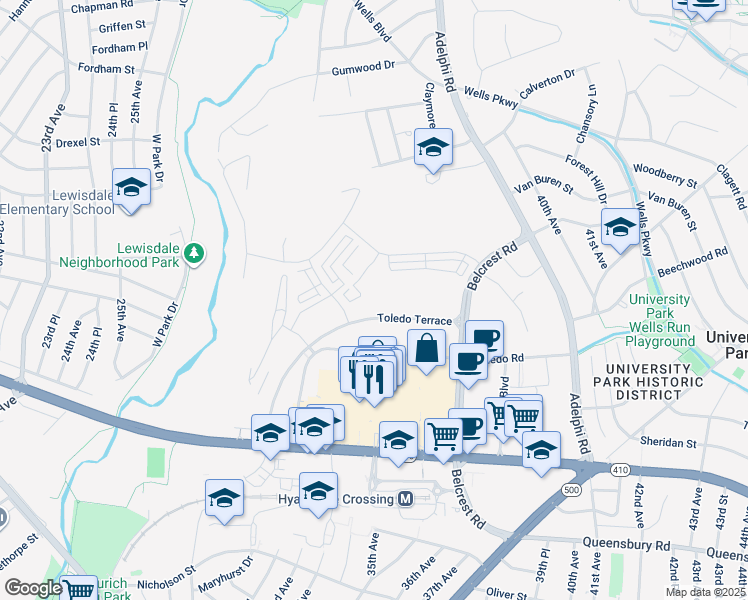 map of restaurants, bars, coffee shops, grocery stores, and more near 3450 Toledo Terrace in Hyattsville
