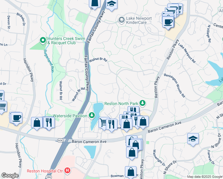 map of restaurants, bars, coffee shops, grocery stores, and more near 1656 Cedar Hollow Way in Reston