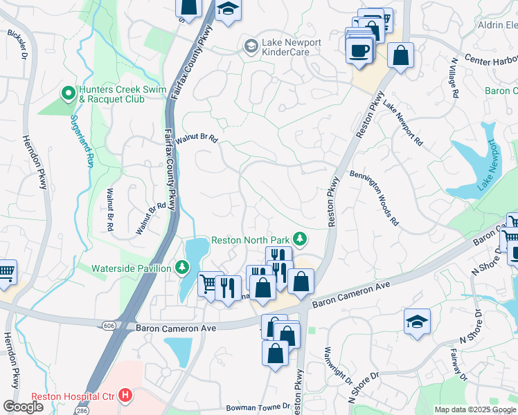 map of restaurants, bars, coffee shops, grocery stores, and more near 1617 Fieldthorn Drive in Reston
