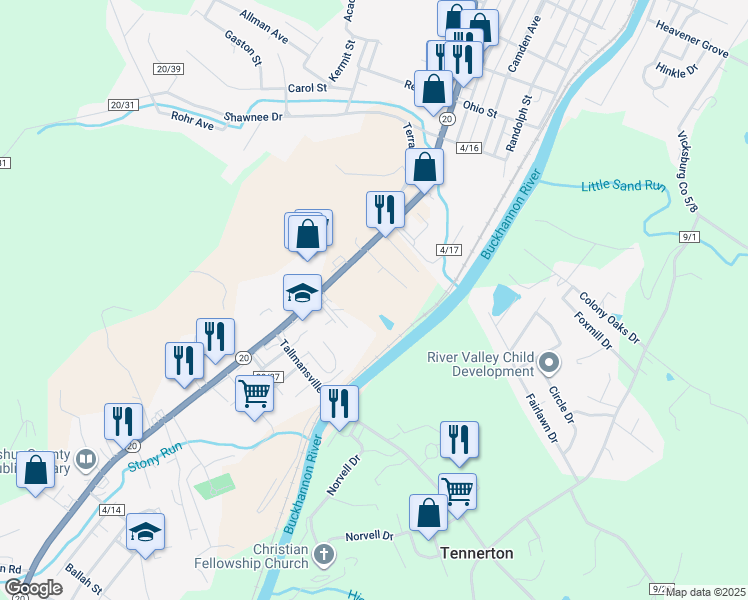 map of restaurants, bars, coffee shops, grocery stores, and more near 132 Silica Drive in Buckhannon