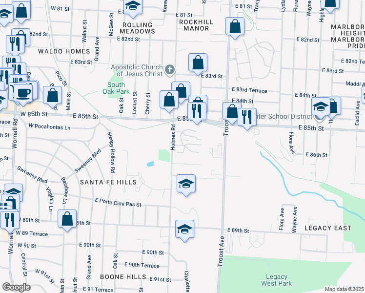 map of restaurants, bars, coffee shops, grocery stores, and more near 8525 Holmes Road in Kansas City