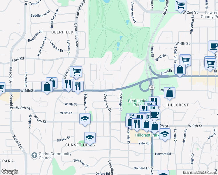 map of restaurants, bars, coffee shops, grocery stores, and more near 2441 U.S. 40 in Lawrence