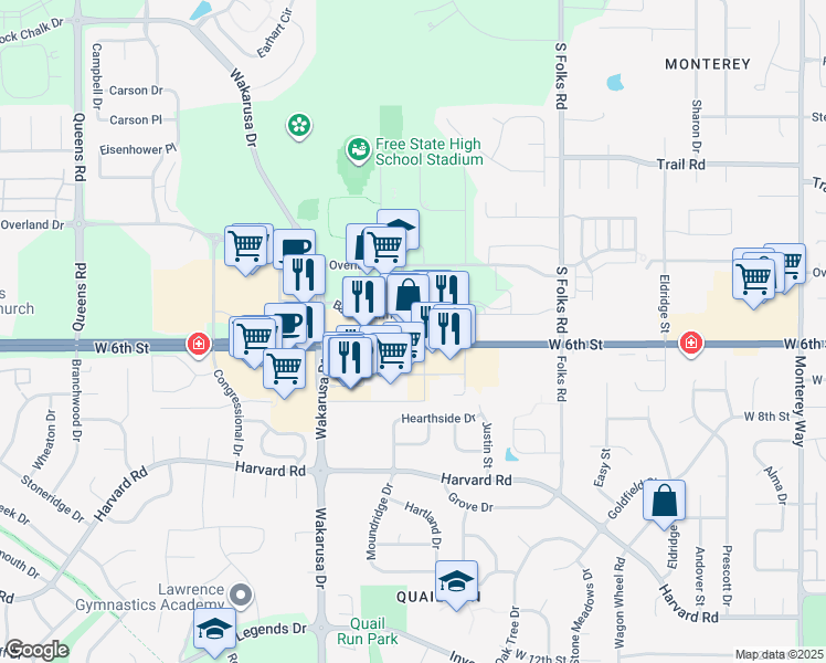 map of restaurants, bars, coffee shops, grocery stores, and more near 4701 Bauer Farm Drive in Lawrence