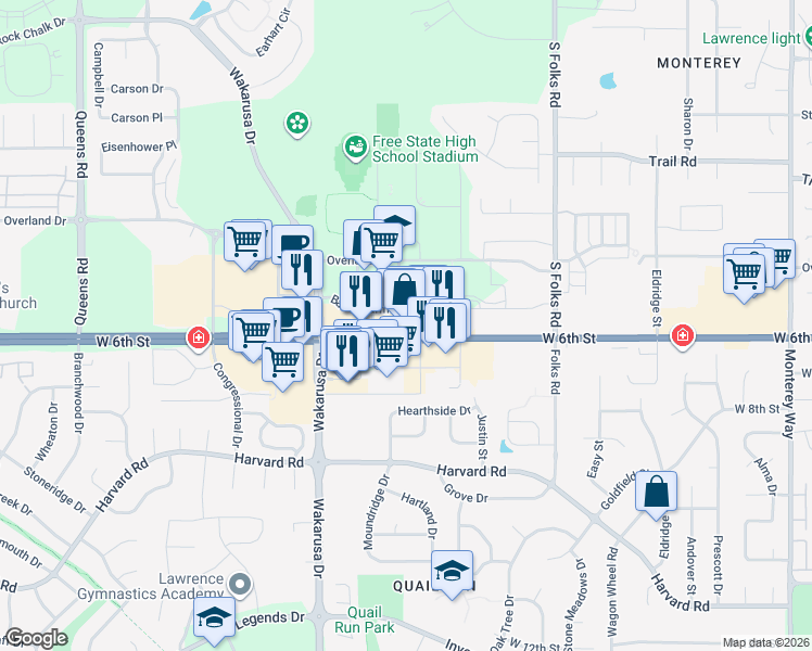 map of restaurants, bars, coffee shops, grocery stores, and more near 4701 Bauer Farm Drive in Lawrence