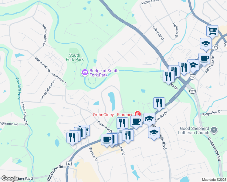 map of restaurants, bars, coffee shops, grocery stores, and more near 30 Rio Grande Circle in Florence