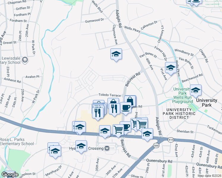map of restaurants, bars, coffee shops, grocery stores, and more near 6700 Belcrest Road in Hyattsville