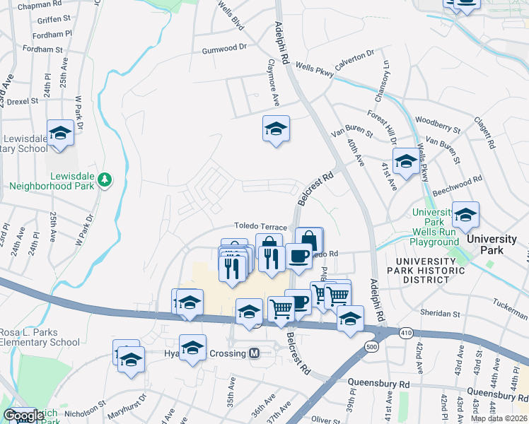 map of restaurants, bars, coffee shops, grocery stores, and more near 6700 Belcrest Road in Hyattsville