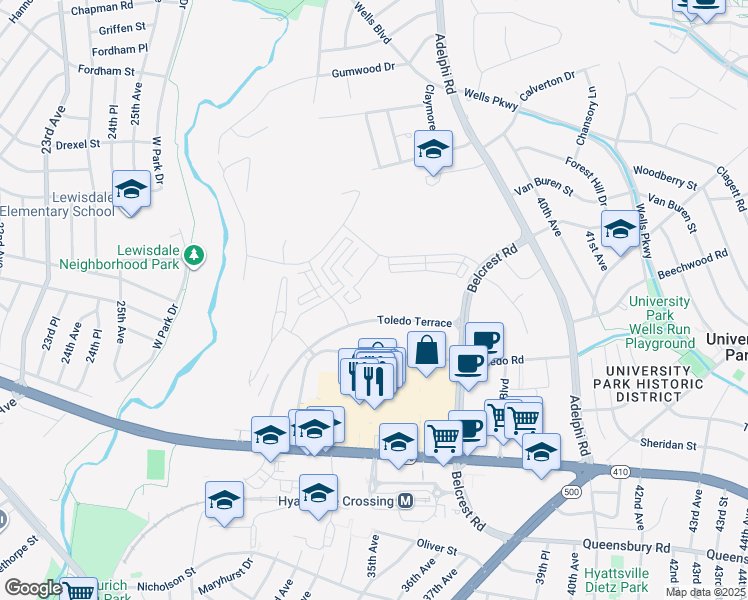 map of restaurants, bars, coffee shops, grocery stores, and more near 3450 Toledo Terrace in Hyattsville